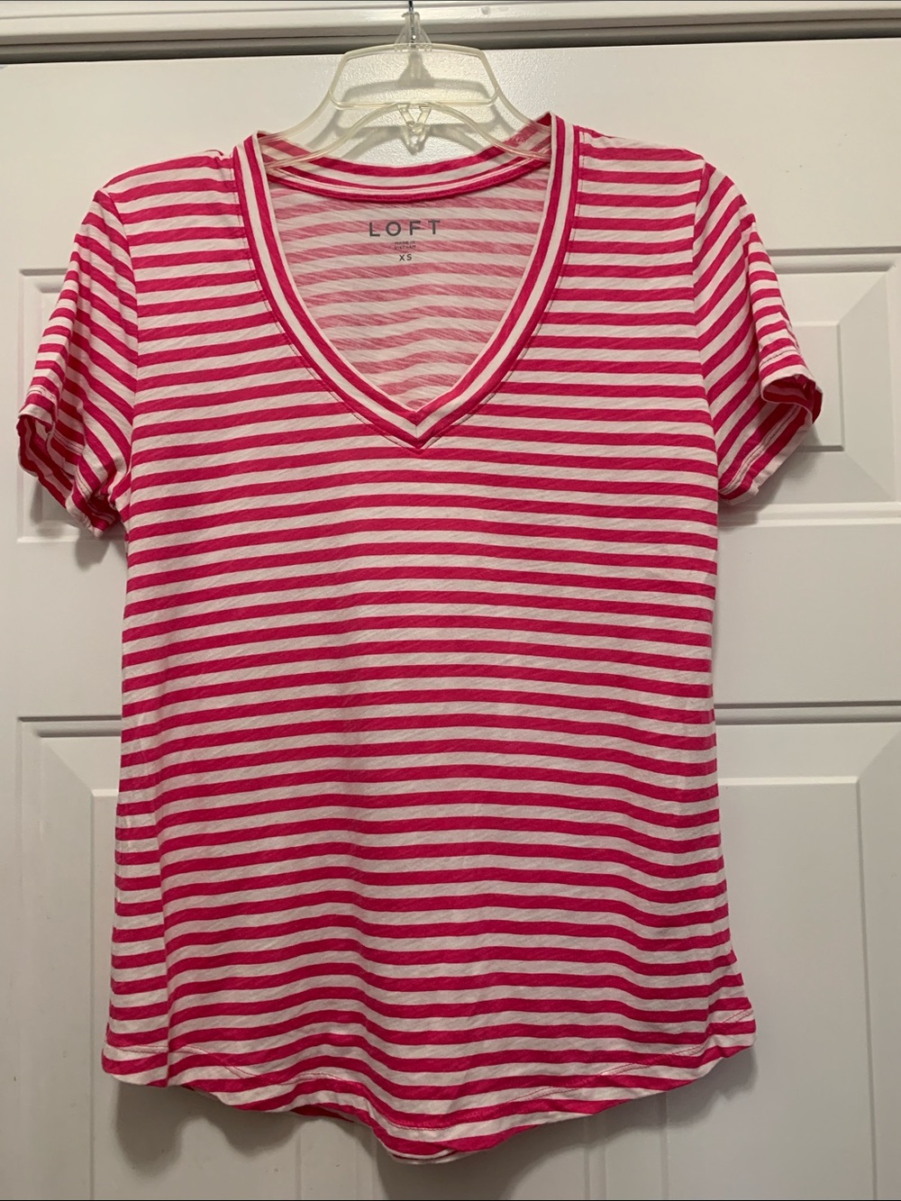 4/$10 LOFT 100% Cotton Pink & White Striped V-Neck Short Sleeve Tee